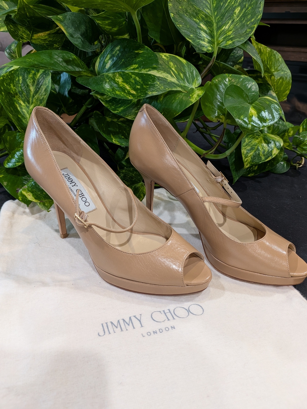 Jimmy Choo Nude Leather Peep-Toe Mary Jane Pumps